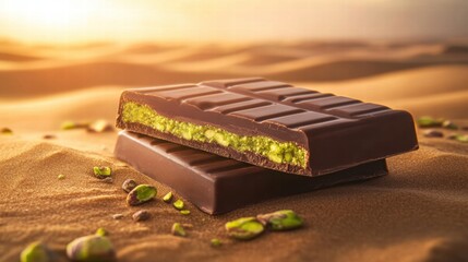 Aufkleber - Delicious chocolate bar filled with rich pistachio paste in a serene sandy landscape at sunset. Generative AI