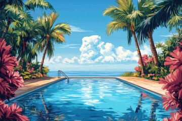 Wall Mural - Infinity pool overlooking tropical ocean with palm trees and flowers