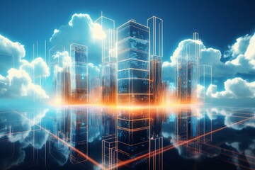 Poster - Digital city reflecting on water surface with cloud computing network and data processing