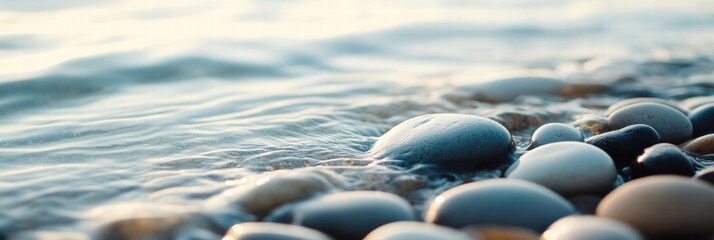 Aufkleber - Close up of smooth beach pebbles as gentle waves wash over them at sunrise along the tranquil shore. Generative AI