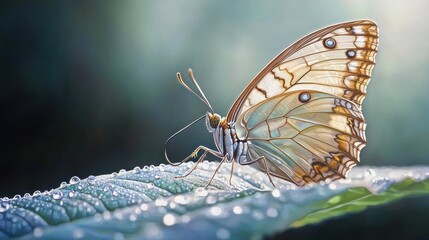 Wall Mural - Dew-kissed butterfly on leaf, sunrise.