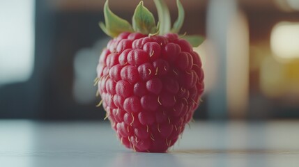 Poster - Single Ripe Raspberry Close-up, Vibrant Red Berry on Softly Blurred Background