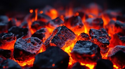 Wall Mural - burning wood coals with glowing and flaming hot charcoal briquettes, close-up orange, black, red tex