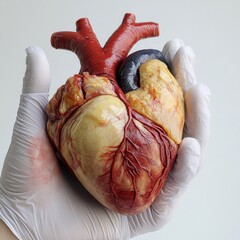 Aufkleber - Realistic anatomical heart gently cradled in gloved hands showcasing intricate details of human anatomy. Generative AI