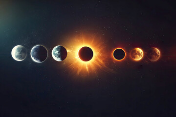 solar eclipse and planetary alignment depicted in a cosmic scene showcasing the phases of celestial 