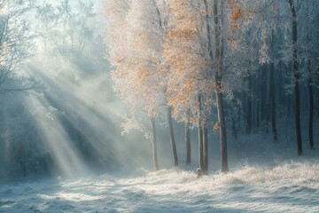 Wall Mural - Sunbeams shining through frozen trees in a misty forest