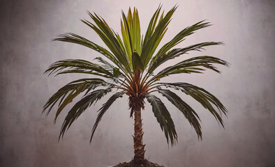 Poster - A palm tree is standing tall in front of a grey wall. The tree is the main focus of the image, and it is the only thing in the scene. The grey wall and the tree create a sense of calm