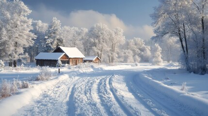 Poster - Snowy road leading to wooden cabins in winter wonderland