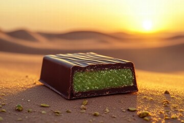 Poster - Chocolate bar filled with pistachio paste shines against desert sunset. Generative AI