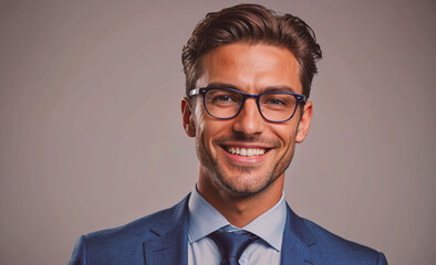 Poster - A man wearing a blue suit and glasses is smiling. He is wearing a tie and has a beard