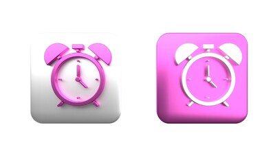 Poster - Colorful Alarm clock icon isolated on white background. Wake up, get up concept. Time sign. Square button. 3D render illustration
