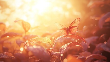 Poster - Ethereal Butterfly at Sunrise Among Dew-Covered Leaves