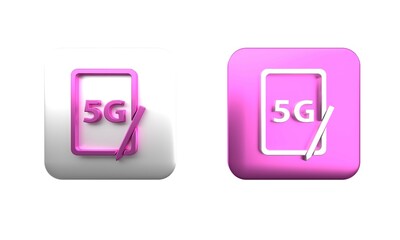 Sticker - Colorful Graphic tablet with 5G wireless internet wifi icon isolated on white background. Global network high speed connection data rate technology. Square button. 3D render illustration