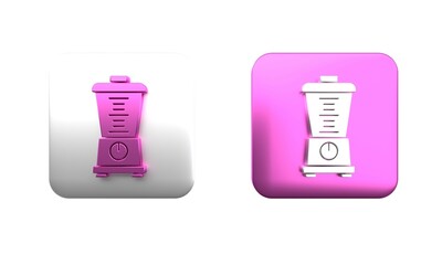 Poster - Colorful Blender icon isolated on white background. Kitchen electric stationary blender with bowl. Cooking smoothies, cocktail or juice. Square button. 3D render illustration