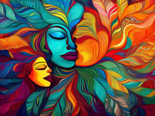  Colourful cultural diversity representation with abstract faces and feathers