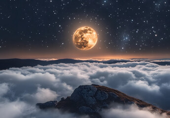 Wall Mural - Romantic Moon In Starry Night Over Clouds