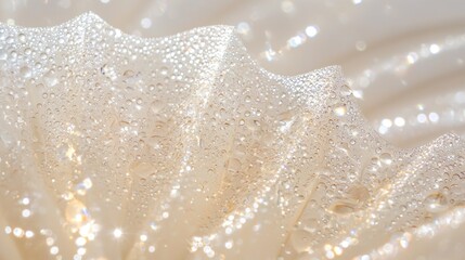 Wall Mural - Close-up of dew drops on cream-colored fabric.