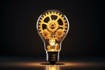 Poster - Illuminated lightbulb containing golden gears turning, symbolizing innovation, creativity, and inspiration