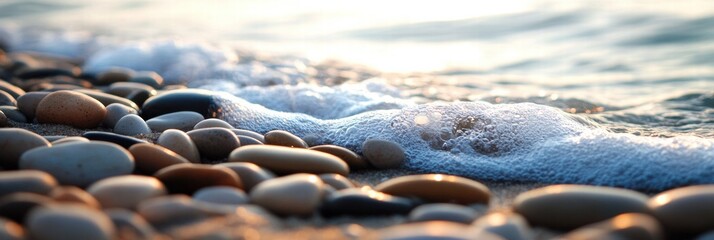 Poster - Close up view of smooth beach pebbles as gentle waves wash over them during sunset near a tranquil shoreline. Generative AI