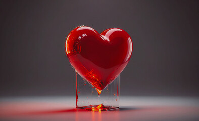 Poster - A heart made of glass with a red liquid dripping from it. The heart is surrounded by a dark background