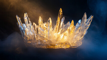Poster - Glass Crown Illuminated With Warm Light Amidst Swirling Mist Showcasing Intricate Crystal Formations