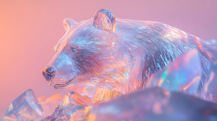Poster - Holographic Bear Sculpture Surrounded by Shimmering Crystals on a Colorful Background