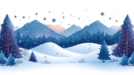 Wall Mural - Snowy mountain landscape with falling snowflakes and pine trees.