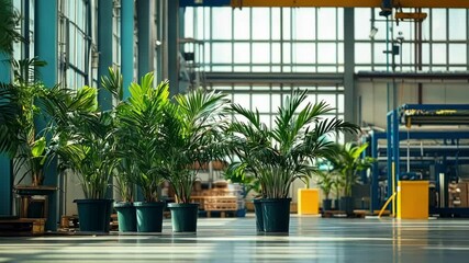 Poster - an array of potted plants arranged near the windows of the factory providing natural air filtration 