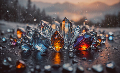 Poster - A collection of colorful crystals are arranged on a dark surface. The colors of the crystals are blue, red, and yellow