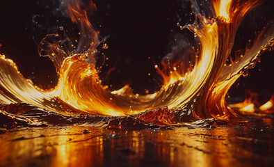Poster - A fire is burning in the ocean, creating a beautiful and dangerous scene. The flames are reflected in the water, creating a sense of movement and energy. Scene is both captivating and ominous