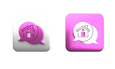 Poster - Colorful Real estate message house in speech bubble icon isolated on white background. Square button. 3D render illustration