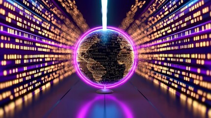 Poster - Digital Globe with Neon Light Background in Futuristic Space