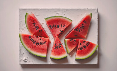 Aufkleber - A close up of a watermelon with the slices cut out. The watermelon is cut into six pieces and is placed on a white background. Concept of freshness and summertime