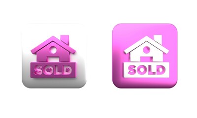 Sticker - Colorful Hanging sign with text Sold icon isolated on white background. Sold sticker. Sold signboard. Square button. 3D render illustration