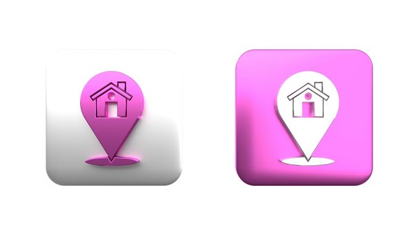 Colorful Map pointer with house icon isolated on white background. Home location marker symbol. Square button. 3D render illustration