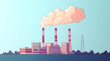 Wall Mural - A looping animation of a power plant emitting smoke, representing energy production from fossil fuels with clean line art