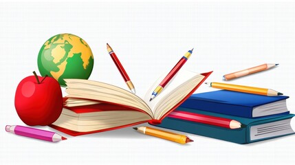 Wall Mural - Colorful study materials featuring books, pens, and a globe arranged on a clean surface