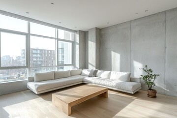 A midcentury modern interior design in an apartment living room with large windows and a sofa and table. Generatvie AI
