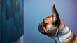 © hurricanehank - French bulldog watching the painting on canvas. Cute pet observing art piece on the wall