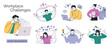© Elena - Workplace wellness vector illustrations, work challenges and emotions set. Stress, productivity, teamwork, and mental health scenes. Flat cartoon characters for business and corporate themes