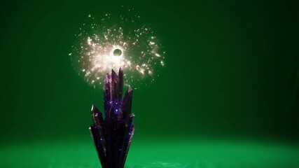 Poster - Luminous sparks bursting from dark purple crystal cluster, radiating magical energy against vibrant green screen backdrop with glowing, shimmering visual effect