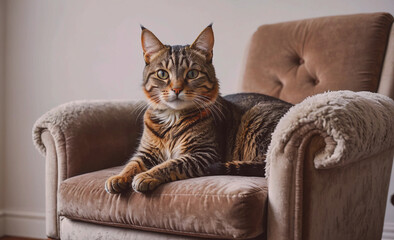 Poster - A cat is laying on a chair with its head tilted to the side. The chair is brown and has a fluffy cushion
