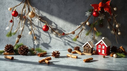 Poster - Festive Christmas Decoration with Miniature Houses, Pine Cones, and Cinnamon Sticks on a Gray Surface