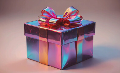 Poster - A shiny, colorful box with a bow on top. The box is wrapped in shiny foil and has a metallic look to it. The box is sitting on a white surface, and the colors of the box and the bow are bright
