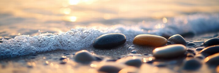 Poster - Close up view of smooth beach pebbles as gentle waves wash over them at sunset along the shore. Generative AI