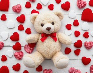 Wall Mural - Teddy bear surrounded by red and white hearts on a wooden background...Concept: Love, gift, Valentines