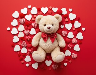 Wall Mural - Teddy bear holding a heart surrounded by red and white hearts, on a red background...Concept: Love, giving, gift