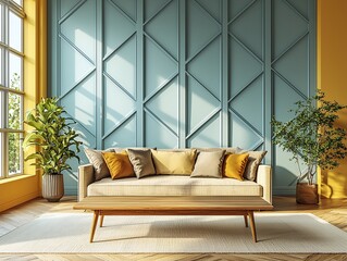 Wall Mural - A modern minimalist interior design of a residential living room with walls finished with sky blue panels and a sofa and table. Generatvie AI
