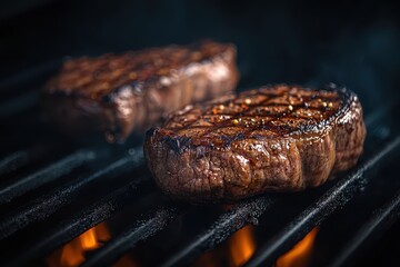 Close-up of two steaks on the grill