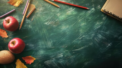 Wall Mural - Autumn classroom desk with apples, pencils, and leaves, signaling the start of a new school year and seasonal change